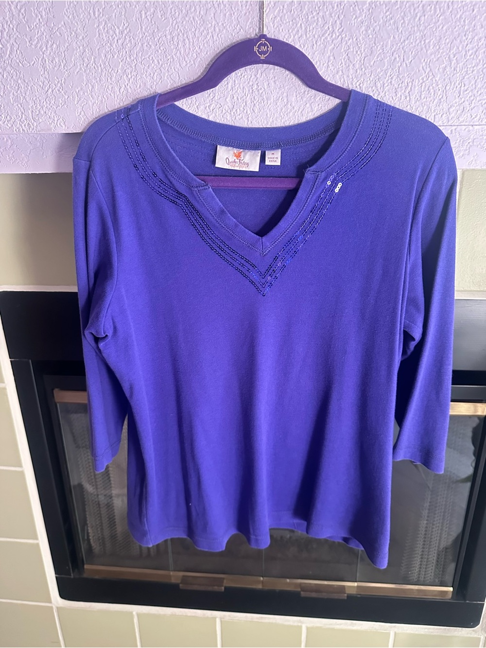 Quacker Factory Purple V-Neck Long Sleeve Top with Bead Trim